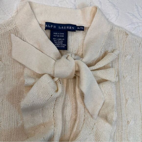 Ralph Lauren Ruffle Creamy Tie Neck Sheer Cable Knit Linen Alpaca S/S Sweater - Picture 5 of 8